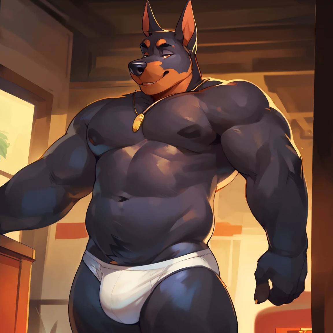 Solo, male, medium muscular, dobermann, dog, black dobermann, in white underwear, underwear, ((focus body, furry focus)), by darkgem, by mystikfox61, by glitter trap boy