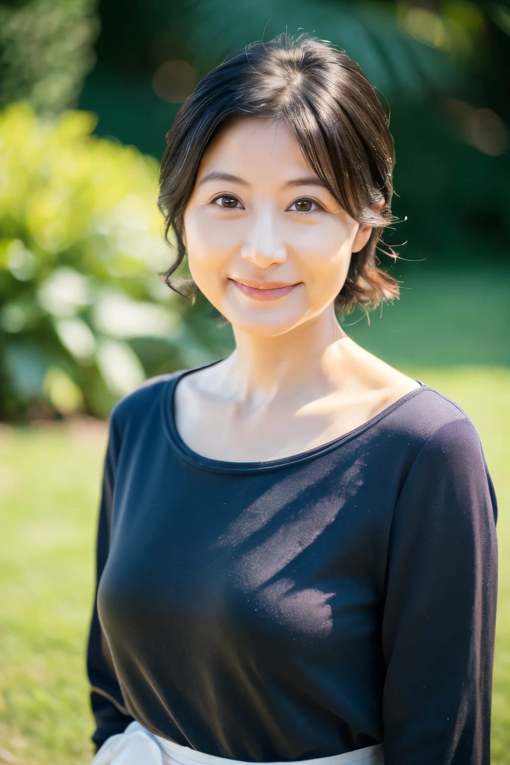 Portraiture, 8k, high quality, Realistic Photographic Images, Japanese women, 40 years old, Neat and clean wife, housewife, Beautiful wife, Small breasts, Very small waist, Natural and realistic eyes, Cute Face, Detailed face, smile, Beautiful black hair, Octane Rendering, Beautiful lighting, Golden ratio composition, Casual clothing, Plain clothing, Casual clothing, Natural background, Blurred Background, light makeup, Mature Woman, Background Blur