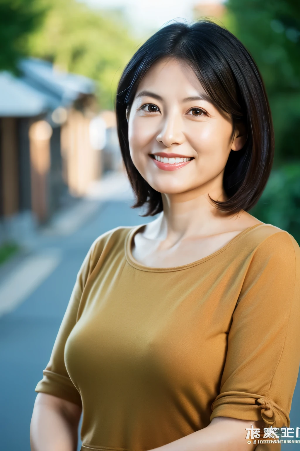 Portraiture, 8k, high quality, Realistic Photographic Images, Japanese women, 40 years old, Neat and clean wife, housewife, Beautiful wife, Small breasts, Very small waist, Natural and realistic eyes, Cute Face, Detailed face, smile, Beautiful black hair, Octane Rendering, Beautiful lighting, Golden ratio composition, Casual clothing, Plain clothing, Casual clothing, Natural background, Blurred Background, light makeup, Mature Woman, Background Blur
