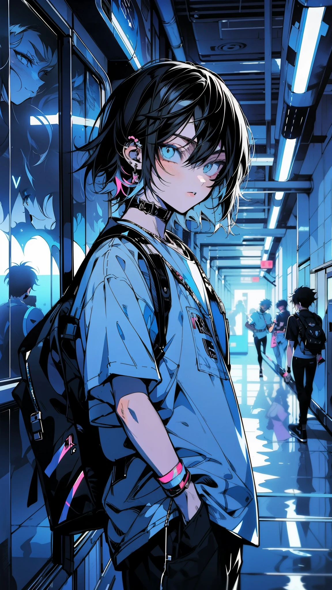 thicker outlines, anime style, cool and edgy, Digital painting of a Stylish, ager with cell shading, vibrant pallete, anime style, thicker lines, wearing a white shirt, pants and holding a holographic tablet, a futuristic high school hallway, futuristic designs, internet nostalgia, floating emoticons, fashionable, accessory