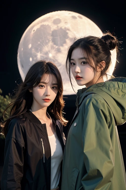 Moon, moonlight, twosexy girls characters, green raincoat, front view,tornado in the background, wind move their raincoat, 
