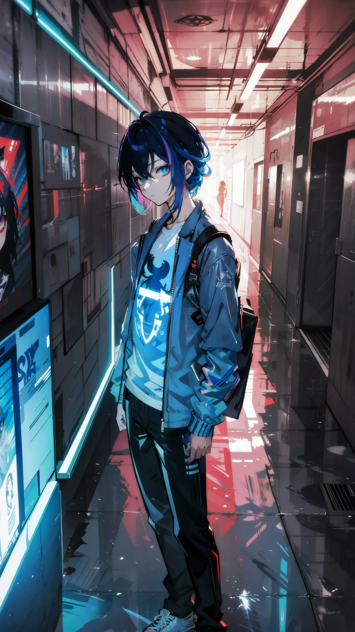 thicker outlines, anime style, cool and edgy, Digital painting of a Stylish, teenager with cell shading, vibrant pallete, anime style, thicker lines, wearing a white shirt, pants and holding a holographic tablet, a futuristic high school hallway, futuristic designs, internet nostalgia, floating emoticons, fashionable, accessory