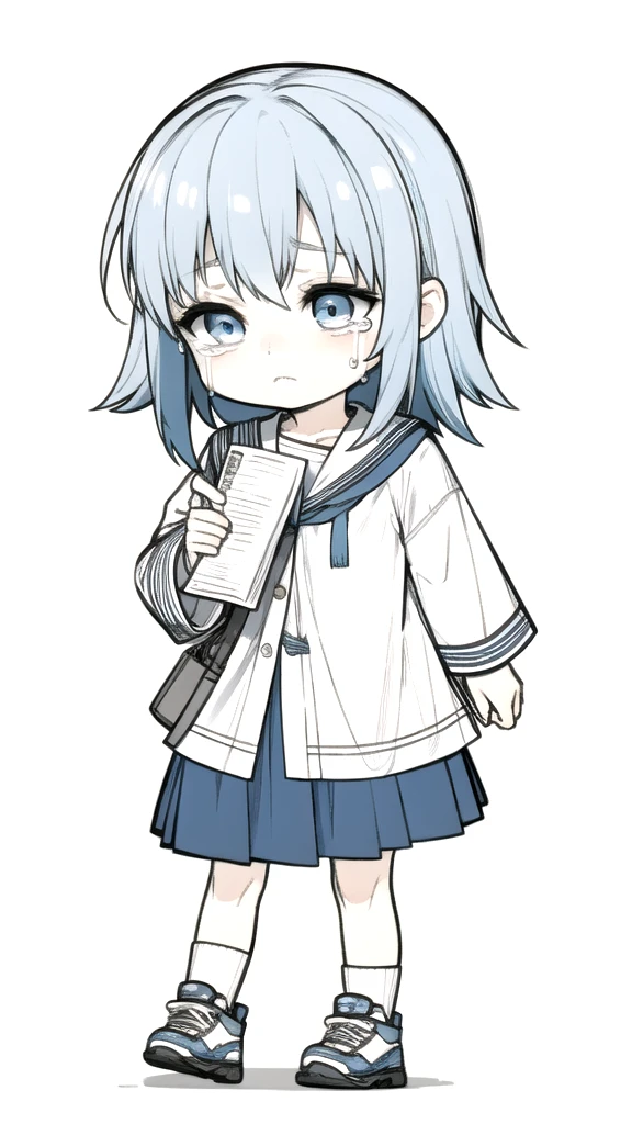 best quality, chibi, 1 girl,blue hair,Pure white background,Vivid,clearly,sad face,Walking,Are crying,shout,I have a letter,