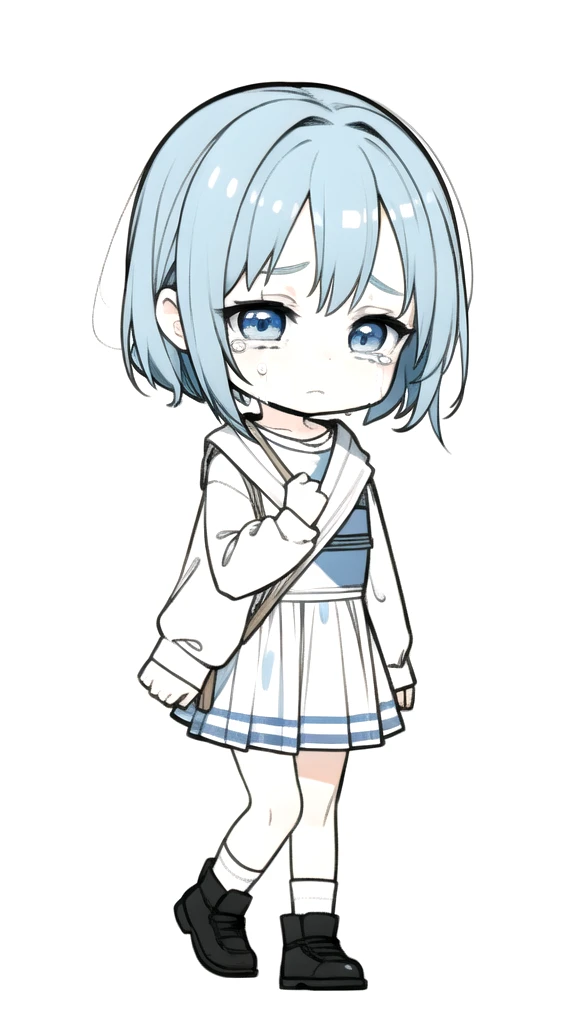 best quality, chibi, 1 girl,blue hair,Pure white background,Vivid,clearly,sad face,Walking,Are crying,shout,I have a letter,