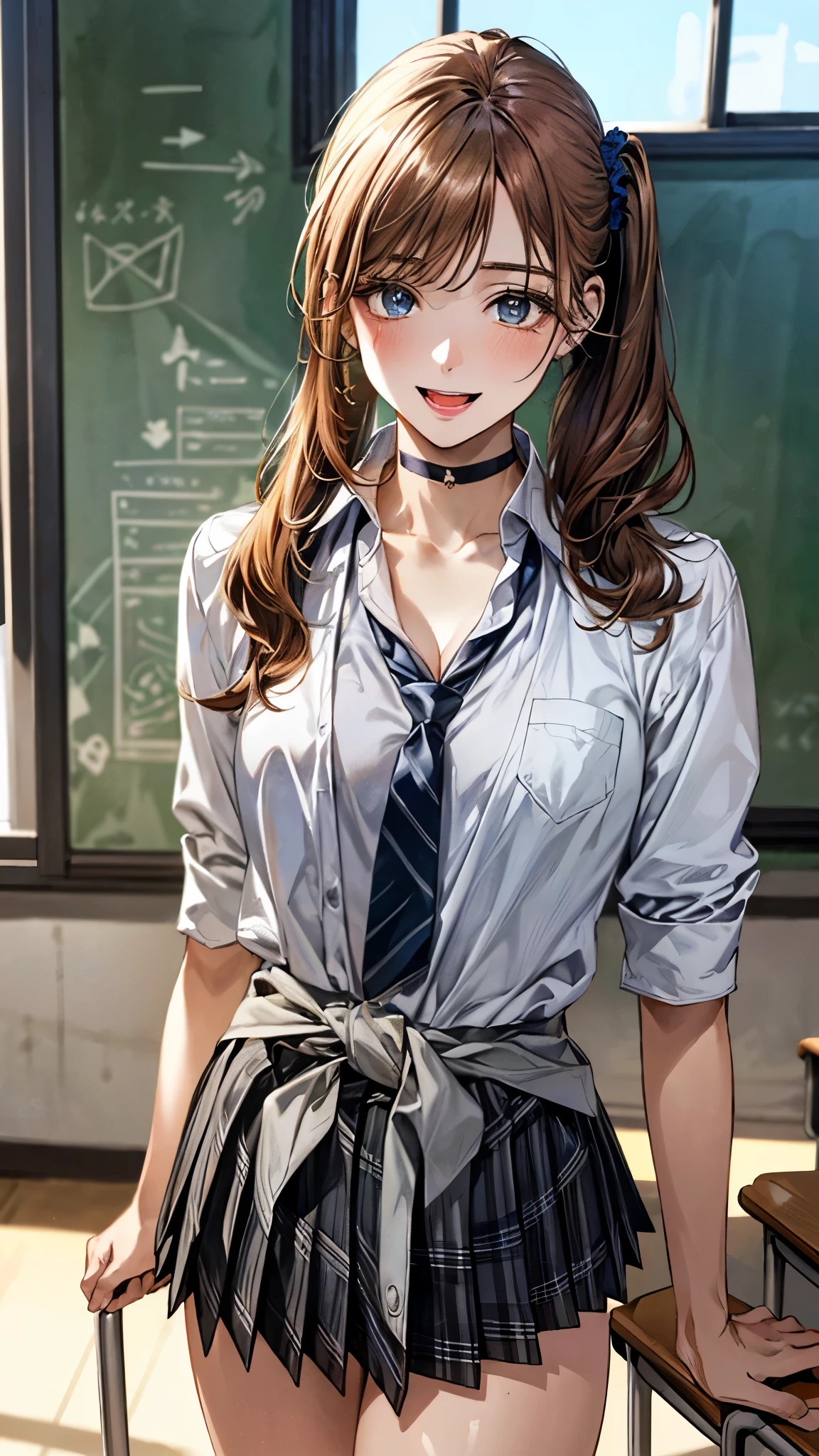 (masterpiece:1.3, top-quality, ultra high res, ultra detailed), (realistic, photorealistic:1.4), beautiful illustration, perfect lighting, natural lighting, colorful, depth of fields, , 
beautiful detailed hair, beautiful detailed face, beautiful detailed eyes, beautiful clavicle, beautiful body, beautiful chest, beautiful thigh, beautiful legs, beautiful fingers, shiny skin, 
looking at viewer, (face focus, from below), 1 girl, high school girl, (perfect anatomy, anatomically correct, super detailed skin), cute and symmetrical face, face, 
(long hair), break, (side ponytail, straight hair, orange hair), swept bangs, break, deep blue eyes, long eyelashes, (large breasts, seductive thighs), perfect face, perfect eyes, outstanding style, , 
(detailed cloth texture), break, (black collared shirts, grey plaid pleated skirt), black choker, black hair scrunchie, break, cardigan around waist, break, deep green tie, wrist chakra, break, 
(beautiful scenery), afternoon, (school classroom:1.2), cityscape of windows, (standing), (lovely smile, open mouth small),