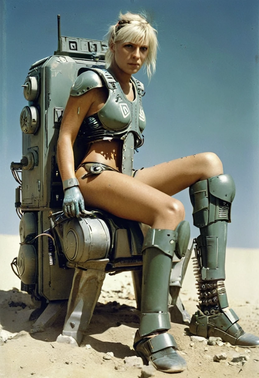 Drawing a world gone mad in the middle of war, a detailed and chaotic assembly of mechanical, electronic and cybernetic parts surrounds two characters in an open-air military dump. the character on the right is sitting comfortably on an ammunition box, a cyborg warrior, "mowak" on the head, futuristic khaki armor, flesh-colored latex skin face. the character on the left facing him is a human engineer, on her knees leaning on his leg, symmetrical face of enchanting beauty, perfect with short blond hair, doubtful face she reassures him, she is wearing a gray tank top with the logo, brown pants , green shoulder armoremerald, she is currently focused on repairing the warrior's knee filled with severed cables, her expressive gaze is fixed on the cyborg's broken knee, her delicate hands skillfully manipulate the wires and metal parts which release blue sparksand white splashes, illuminating a dark and terrible atmosphere of the end of the world.