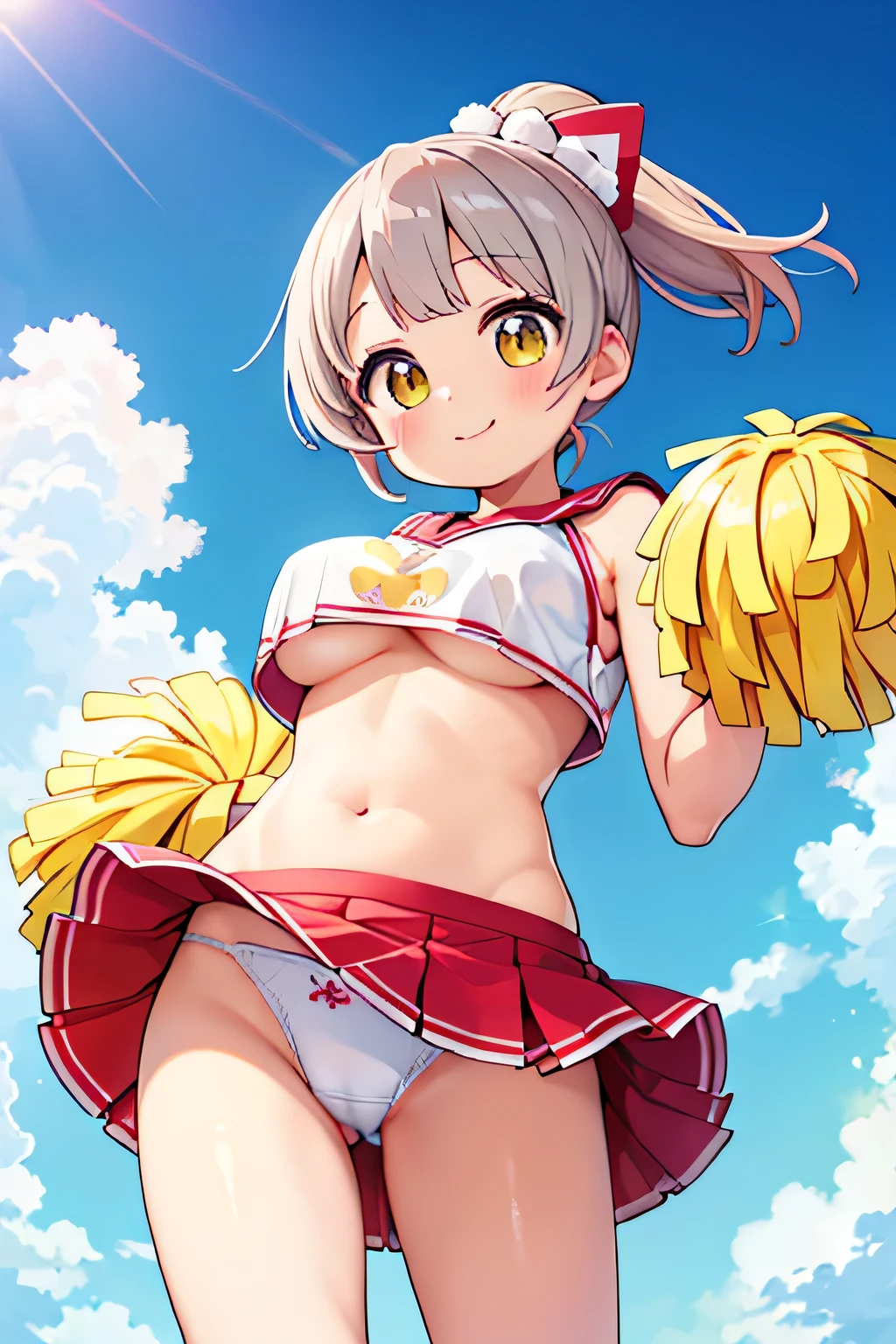 highest quality、High resolution、Detailed Background、(Beautiful face in every detail:1.4)、Anatomically correct、cute  girl、Twin tails、Bobcut、ponytail、(Huge breasts:1.2)、Perfect body line、Big Ass、Vast Sky、
(A Cheerleader jumping into the sky with a smile:1.5)、
Jumping and flying in the sky、Cheerleader、I support you、(Pom-pom:1.2)、

The sailor collar, a distinctive feature of the sailor uniform, is also used in cheerleader uniforms.、Cheerleaders&#39; sailor uniform skirts are generally short, like .、Sailor suit tops often have ribbons attached、

White floral embroidered panties、White floral embroidered bra、Emphasize underboob、Underboob is visible、Angle from below、 smile、Healthful、Healthy thighs、Healthy Beauty、With legs apart、Panty Shot、cute