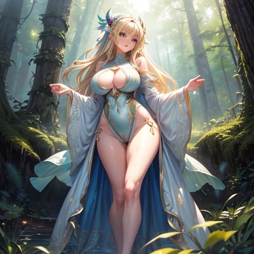 masterpiece, highest quality, Intricate details, Gorgeous blonde elven woman, (mint eye), Celestine Lucullus, Perfect Anatomy, Perfect Face:1.1), ((Huge breasts!!!!!!)),(Huge breasts!!!!), White one-piece uniform, Sharp focus, ((alone:1.4), (Full Body Shot), View Viewer, Ultra-high resolution, (One girl:1.4), Highly detailed illustration, Smooth, Extremely pixel perfect, Detailed Background, art:Wlop と Ross Tran, forest, Fascinating,Venus Body