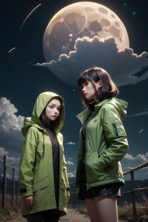 Moon, moonlight, twosexy girls characters, green raincoat, front view,tornado in the background, wind move their raincoat, 