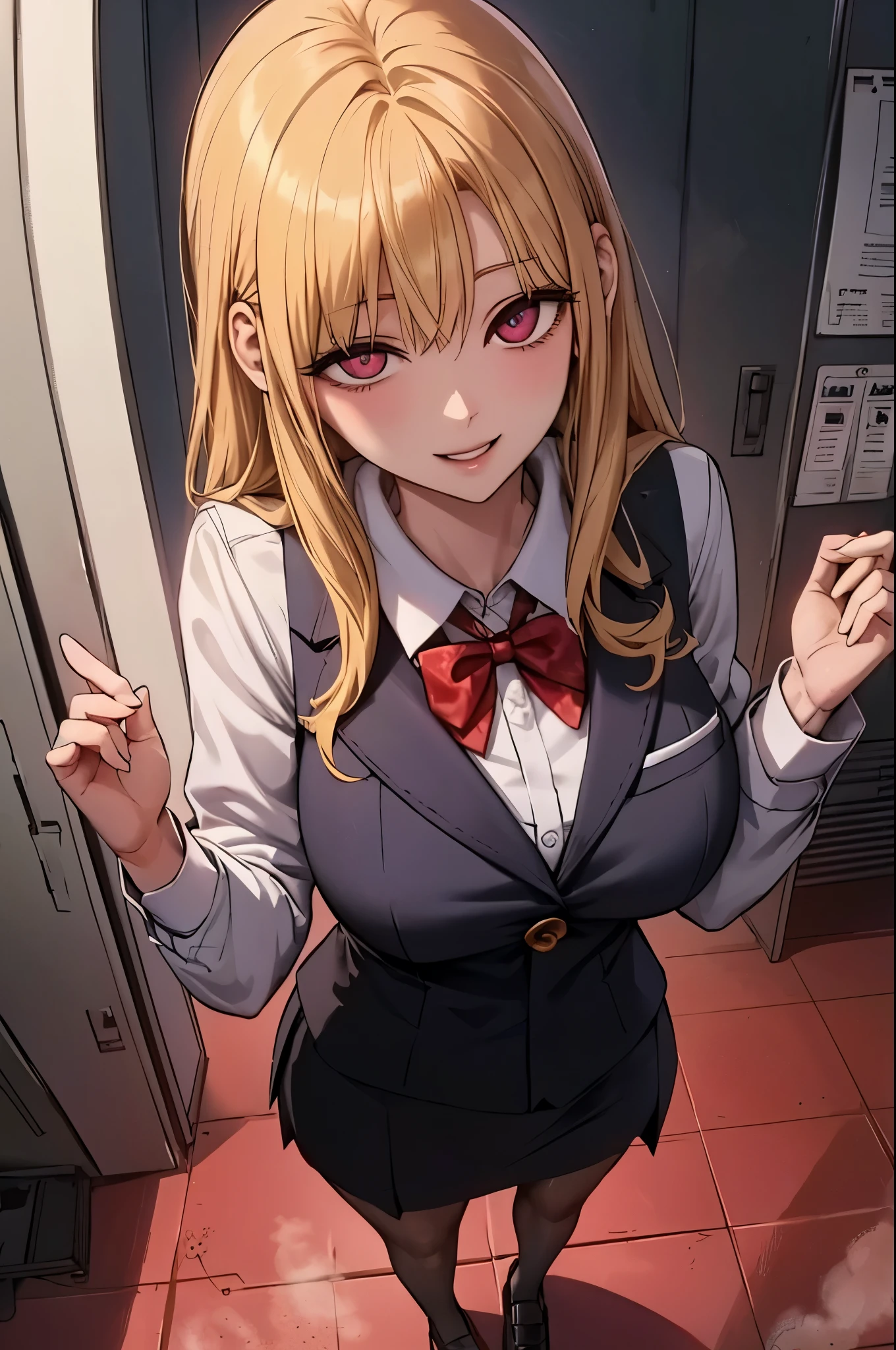 horror (theme), light bulb, locker, looking at viewer, parted lips, blonde hair, collared white shirt, suit and tie, scenery, skinny, ringed eyes, smile, solo, standing, steam, masterpiece, best quality,
