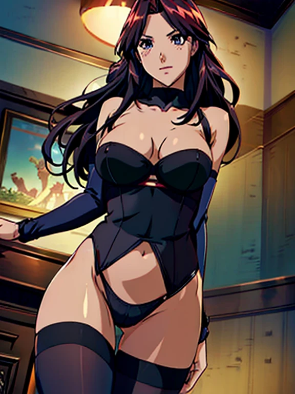 Irish girl in a black lingerie and high stockings, top-quality, anime realisitic, ultra-detailliert, Versatile sexy poses、long dark red hair, dark blue-eyed, slender, dynamic light and shadow, hight resolution, sharp focus, depth of fields, glow pupils. beautiful and sexy body, slender body, perfect body, in a very tight and very cute lingerie, cowboy shot, a room scene