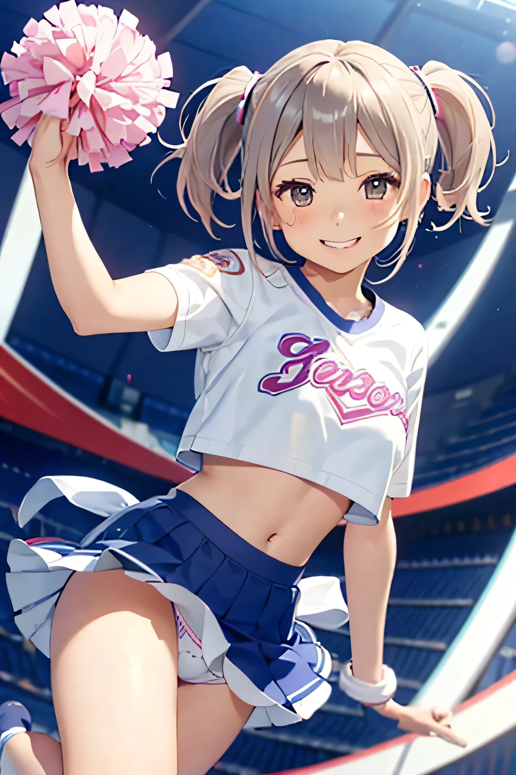 highest quality、High resolution、Detailed Background、(Beautiful face in every detail:1.4)、Anatomically correct、cute  girl、Twin tails、Bobcut、ponytail、(Huge breasts:1.2)、Perfect body line、Big Ass、Vast Sky、
(A Cheerleader jumping into the sky with a smile:1.5)、
Jumping and flying in the sky、Cheerleader、I support you、(Pom-pom:1.2)、

The sailor collar, a distinctive feature of the sailor uniform, is also used in cheerleader uniforms.、Cheerleaders&#39; sailor uniform skirts are generally short, like .、Sailor suit tops often have ribbons attached、

White floral embroidered panties、White floral embroidered bra、Emphasize underboob、Underboob is visible、Angle from below、 smile、Healthful、Healthy thighs、Healthy Beauty、With legs apart、Panty Shot、cute