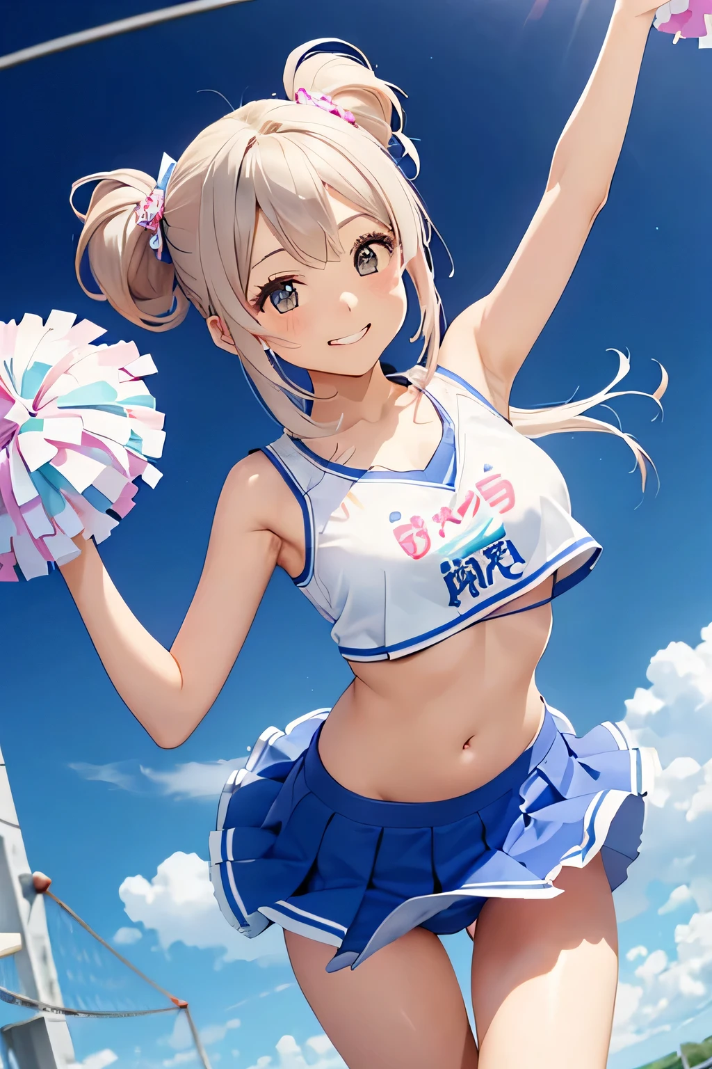 highest quality、High resolution、Detailed Background、(Beautiful face in every detail:1.4)、Anatomically correct、cute girl、Twin tails、Bobcut、ponytail、(Huge breasts:1.2)、Perfect body line、Big Ass、Vast Sky、
(A Cheerleader jumping into the sky with a smile:1.5)、
Jumping and flying in the sky、Cheerleader、I support you、(Pom-pom:1.2)、
The sailor collar, a distinctive feature of the sailor uniform, is also used in cheerleader uniforms.、Cheerleaders' sailor uniform skirts are generally short, like .、Sailor suit tops often have ribbons attached、
White floral embroidered panties、White floral embroidered bra、Emphasize underboob、Underboob is visible、Angle from below、 smile、Healthful、Healthy thighs、Healthy Beauty、With legs apart、Panty Shot、cute