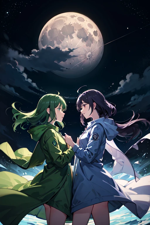 Moon, moonlight, twosexy girls characters, green raincoat, front view,tornado in the background, wind move their raincoat,