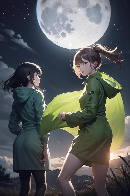 Moon, moonlight, twosexy girls characters, green raincoat, front view,tornado in the background, wind move their raincoat,