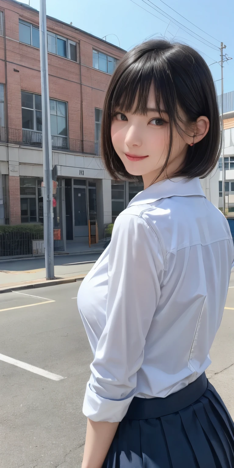 (masterpiece:1.3), (Realistic, RAW Photos, highest quality: 1.4), (One Girl), Beautiful Face, (超Realistic Face、シンメトリーのBeautiful Face), (Short black hair, short hair:1.6、bangs:1.3、Show off your beautiful ears), Beautiful Hairstyles, (Realistic eyes), Beautiful details, Long eyelashes, (Realistic Skin), Beautiful Skin, [Big Breasts:1.3], {Huge|big|Hugeな|Mega} chest, (Perfect body:1.3), (Detailed body:1.2), (tie), (Collared shirt, Pleated skirt:1.3), Absurd, charm, Ultra-high resolution, Ultra-realistic, Very detailed, Golden Ratio,Very cute beautiful woman、28 years old、Beautiful angle from behind、Background in front of the school building、smile、shut up.