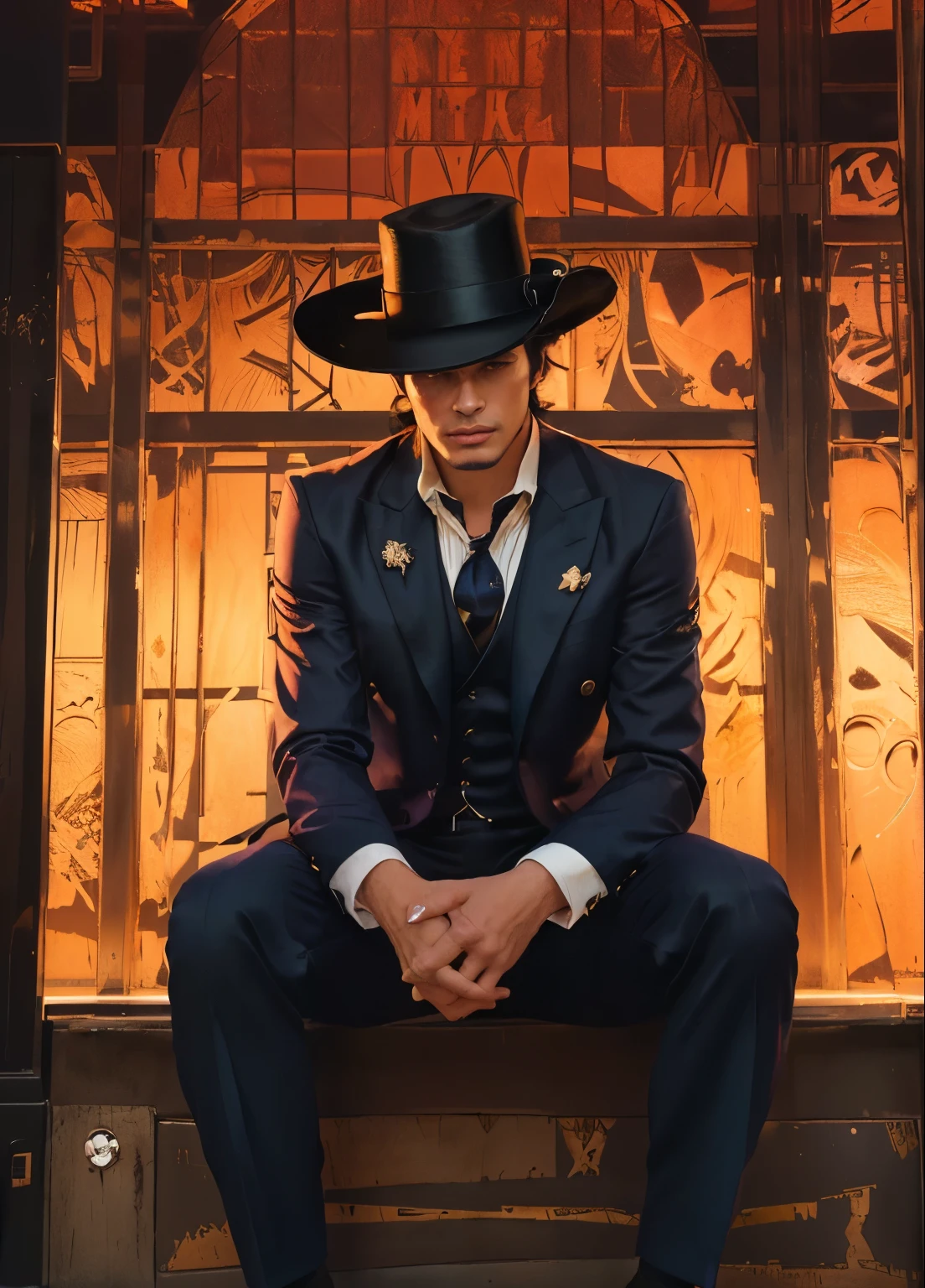 há a man in a suit and hat sentado em um banco, bela pose de anime, noir detective and a felt hat, Homem bonito de anime, Jotaro, Jotaro kujo, elegante, space dandy anime dandy, he is wearing a top hat, a man in a suit and hat, Jesse McCree, derrubando seu fedora, with straw hat, pose elegante, spear