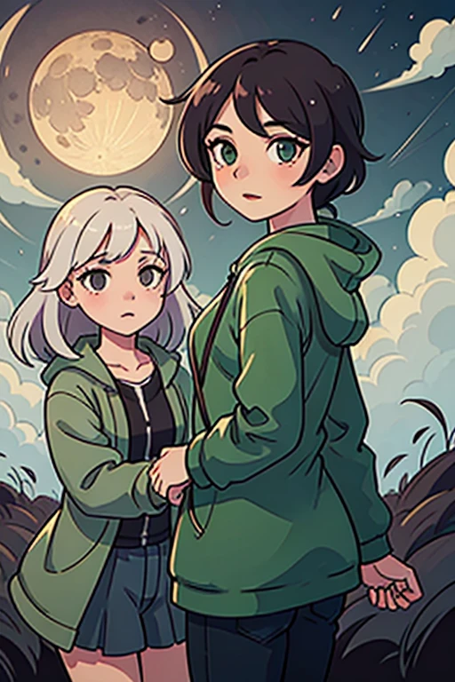 Moon, moonlight, twosexy girls characters, green raincoat, front view,tornado wind