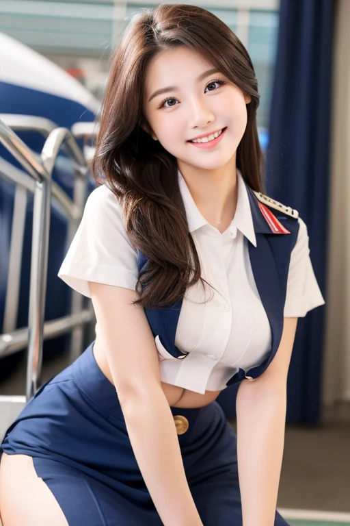 (masterpiece:1.2),(8K high quality), (highest quality), (RAW image quality), (realistic), (realistic:1.37),long eyelashes,(Live-action realistic style),realistic light and shadow,best portrait, 1-Girl,highly detailed skin,(double eyelid face), (realism: 1.4),((full body image)) ,woman around 25 years old,(beautiful face 1.4),straight hair length,,(lipstick,beautiful earrings),((Taken at the airport)),(stewardess uniform,)),(Stewardess in uniform),,(3/4 length),Shoot from the front,,Close-up photography,((sitting inside the airport,please show me your pants)),,(((Look at the audience and smile),、((wearing a stewardess uniform)),(smile at the viewer without opening your mouth),(Sit with your legs open),((Sit in front of the viewer)),sit with legs apart,Sit with your legs apart in front of the viewer,I can see bikini pants,Open your legs and show me your crotch,(sit with legs wide apart),Please show your crotch to the viewer,(bra exposure,I can see the cleavage,correspondence),spread your legs wide in front of the audience,shot at low angle,Wearing bikini panties,(It's a lovely smile,make eye contact with the audience),I like to show off my crotch in front of the audience..