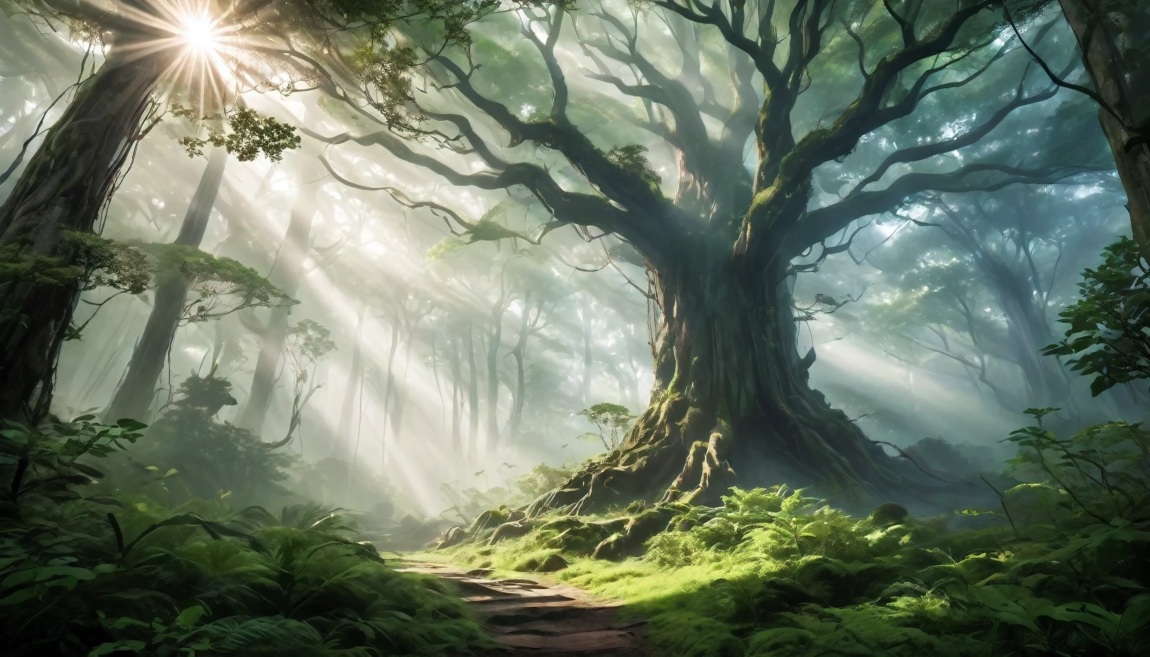 An ancient forest with towering trees extends into the sky, their branches enveloped in a thick layer of clouds. Sunbeams filter through the mist, creating an enchanting and serene environment
