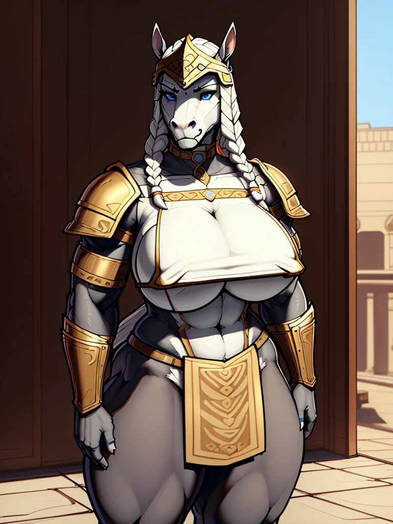 muscular_mature_horse female white_mane long_single_braid gray_furry_body blue_eyes solo Masterpiece best_quality absurdres highly_detailed heavy_roman_armor helmet cleanly_drawn_eyes anthro_only angry by_claweddrip, by_greasymojo, by_underscore-b, by_runawaystride