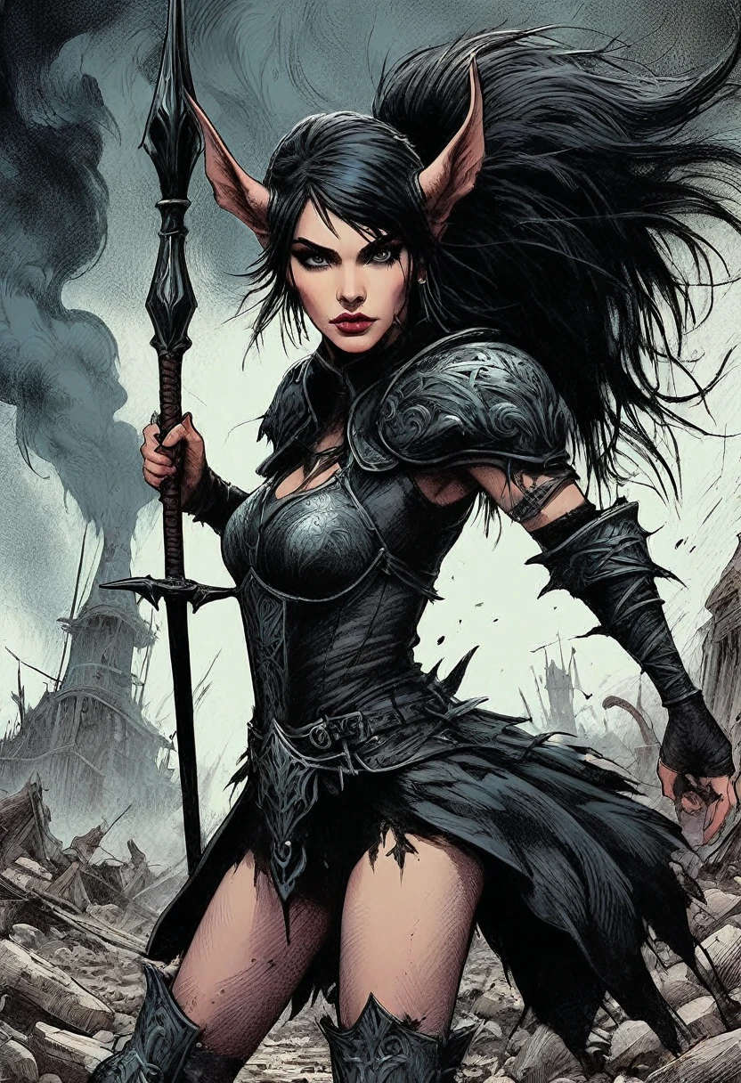 oscuro y desgarrado, (1 elfo joven hermoso cuerpo musculoso, con orejas de elfos, fierce expression, vestida con traje de elfo tradicional:1.3), standing in a desolate wasteland, dramatic lighting, sombras intensas, textura arenosa, tall contrast, colores vibrantes, dynamic pose, postura poderosa, fondo rugoso, explosive atmosphere, dystopian theme, elementos surrealistas, digitally painted illustration, High definition resolution, detalles intrincados, dramatic composition, avant-garde and chaotic brushstrokes, Gothic style, emociones intensas, epic scale, raw and gritty feeling, Obras de arte cautivadoras y provocativas..