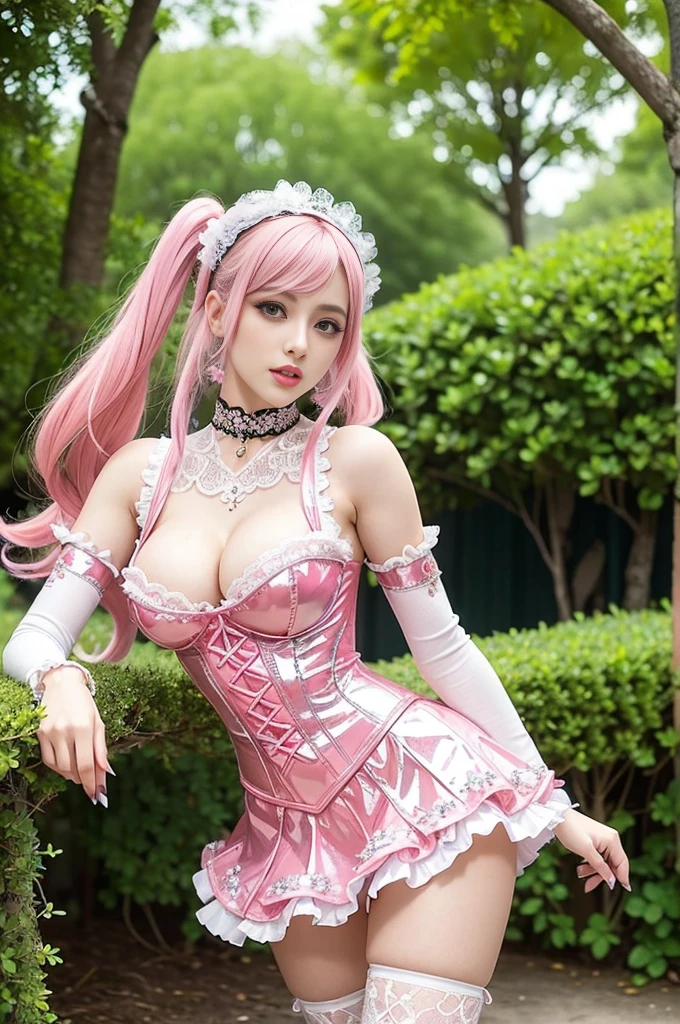((nsfw)), sexy stylish Swedish model, only 1 female, ((doll-like appearance)), long neon pink stylish hair, ((shiny Victorian-Style boots)), beautiful smile, ultra detailed eyes, vivid eye makeup, lipgloss, long lashes, defined eyebrows, ((sexy Paradise Kiss cosplay)), bell-shaped skirt, petticoats, high neckline, puffed sleeves, (( ultra detailed lace)), ((ultra detailed embroidery)), intricate details, Paradise Kiss accessoires and matching headpiece, choker, ((large sparkling Paradise Kiss jewelry)), cinematic light, detailed large park background with trees