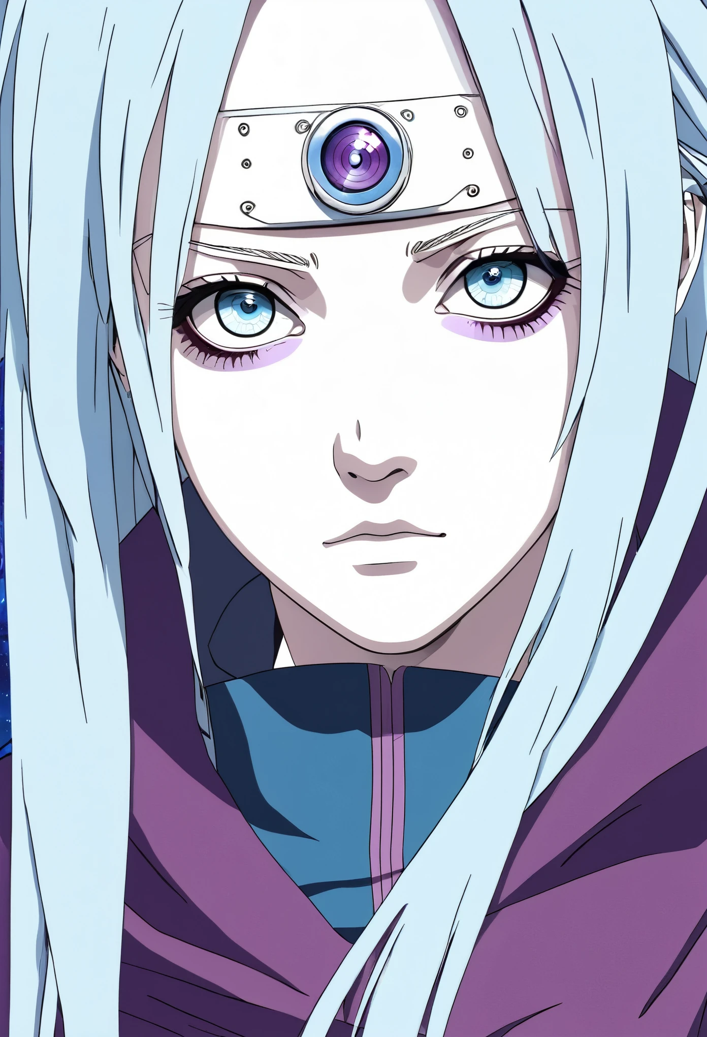 A boruto characters in the manga graphics style, in 2D, wich is an Otsotsuki. It's a girl with a white skin and light blue long hair. She have a purple rinnegan on an eye