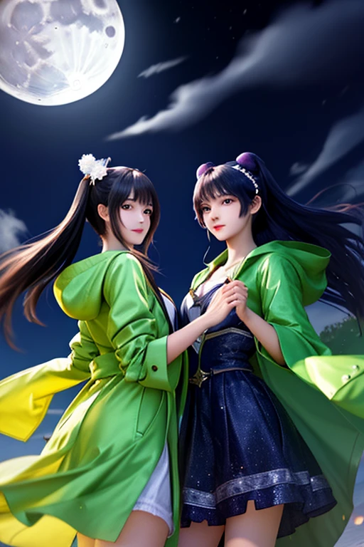 Moon, moonlight, twosexy girls characters, green raincoat, front view,tornado wind