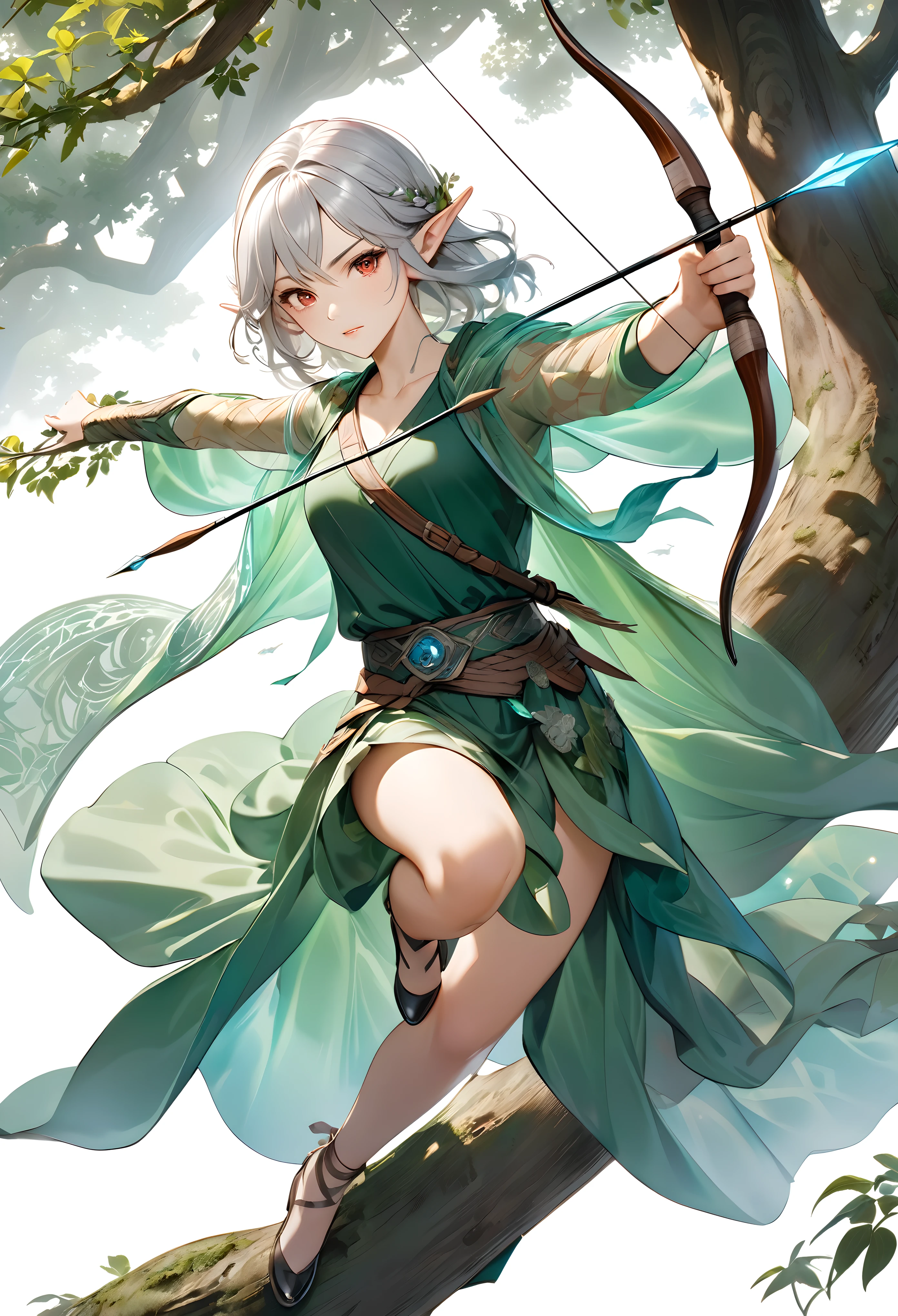 Full color, (transparency:2.0), Detailed and realistic skin texture, Detailed and intricate texture, Detailed and intricate brushwork, Detailed and clear depiction, Transparent depiction, aesthetic, 
1girl, alone, ((Elf attacking the viewer, Target your audience, With a bow and arrow, From the branches of a tree)), Realistic and accurate depiction, [hunter|Spirit User], Attractive looks, (((Jump onto a tree branch, Quick Movement, Junmin))), Unleashing hidden power, Realistic and accurate movements, 
distinctive ears, Very beautiful and young々New Appearance, Adult sex appeal, Rui々A soft and resilient body, (Strong-willed, sexy, Intelligent, cute, adult),   
Glamorous silver hair, Scattering light factors, Spirit&#39;s Blessing, 
Detailed and attractive skin textures, (Wear a transparent robe, Intricate patterns woven from plants:1.3, Emerald Green:1.3, Completely light-transmitting), An attack that captivates the crowd, 
BREAK Strong vigilance, ((Concentrated expression, brave)), (((Glaring at the audience:1.6, Squint your eyes))), 
Seductive red eyes, Strong and fleeting, (Aesthetic and transparent:1.5), (Glossy feel:1.5), 
BREAK Light and nimble movements, 
Very beautiful and young々New Appearance, Adult sex appeal, [Guardian of the Forest, Fairy, goddess], Elegant and alluring, Cute, 
BREAK (((Expressing quick movement with afterimages))), (Add layers of transparency:2.0), (Emerald Mysterious Light, aesthetic), 
BREAK Highest Quality, Highest Resolution, Detailed and crisp image quality, 16k, Historical religious painting, Germanic mythology, fantasy art, Surreal, 
Dynamic wide shot, Focus on the face, Using all kinds of effects to express Junmin-ness, 
BREAK Movie lighting effects, Transparent light, Mysterious Light, Fantastic Fog, 
BREAK ((fantastic, holographic)), (Detailed and transparent depiction, transparency:1.6), 
BREAK Ultra-realism, Ultra-high resolution, Use all kinds of effects to captivate your audience, Transparent and fantastical image, Emphasizing the subject&#39;s presence, 