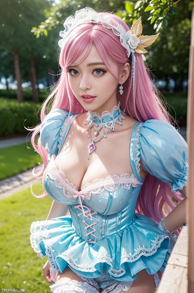 nsfw, sexy stylish Swedish model, only 1 female, ((doll-like appearance)), long neon pink stylish hair, ((shiny Victorian-Style boots)), beautiful smile, ultra detailed eyes, vivid eye makeup, lipgloss, long lashes, defined eyebrows, ((sexy Paradise Kiss cosplay)), bell-shaped skirt, petticoats, high neckline, puffed sleeves, (( ultra detailed lace)), ((ultra detailed embroidery)), intricate details, Paradise Kiss accessoires and matching headpiece, choker, ((large sparkling Paradise Kiss jewelry)), cinematic light, detailed large park background with trees