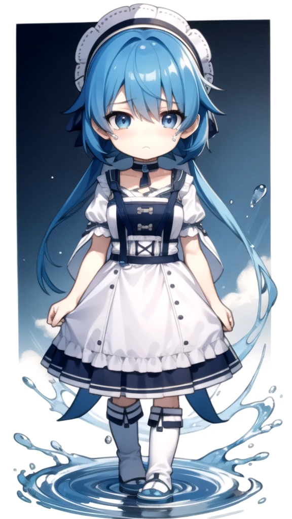 best quality, chibi, 1 girl,blue hair,Pure white background,Vivid,clearly,sad face,Walking,Are crying,shout,Sit down