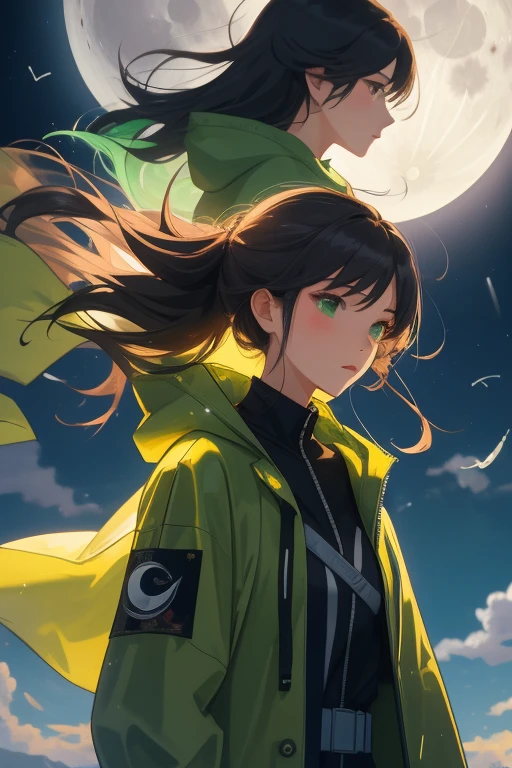 Moon, moonlight, twosexy girls characters, green raincoat, front view,tornado wind