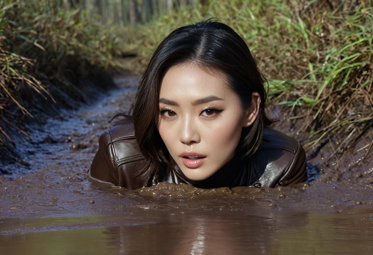8k, ultra-detailed, grainy film photo, masterpiece, ultra-detailed,muffled colors, muted light:1.0, intensive dry-humping movements:1.4, brown turtleneck sweater, leather jacket, pencil skirt, looking towards,woman drowning in forest mud bog, long brunette hair, depraved, fetishistic makeup, asian,beige, brown,