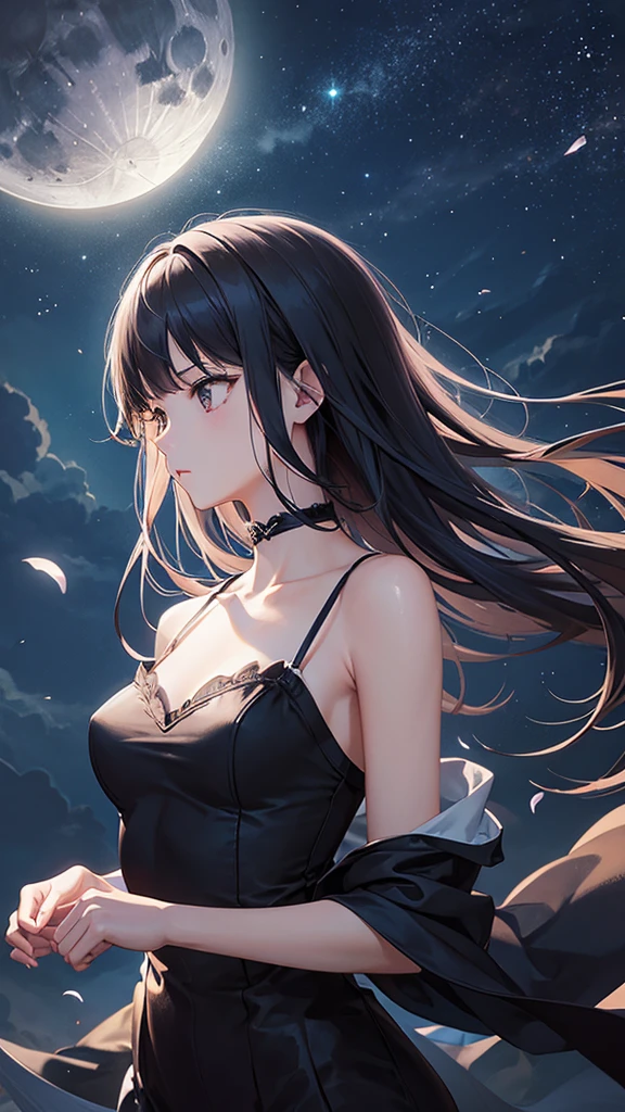 highest quality、masterpiece、girl、medium cut、one piece、whole body、silhouette、Feeling fear、moonlight background、There are few light sources、attract people、