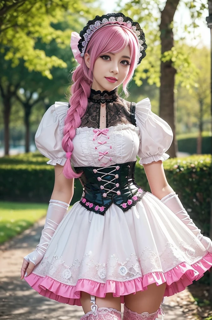 ((nsfw)), sexy stylish Swedish model, only 1 female, ((doll-like appearance)), long neon pink stylish hair, ((shiny Victorian-Style boots)), beautiful smile, ultra detailed eyes, vivid eye makeup, lipgloss, long lashes, defined eyebrows, ((sexy Paradise Kiss cosplay)), bell-shaped skirt, petticoats, high neckline, puffed sleeves, (( ultra detailed lace)), ((ultra detailed embroidery)), intricate details, Paradise Kiss accessoires and matching headpiece, choker, ((large sparkling Paradise Kiss jewelry)), cinematic light, detailed large park background with trees