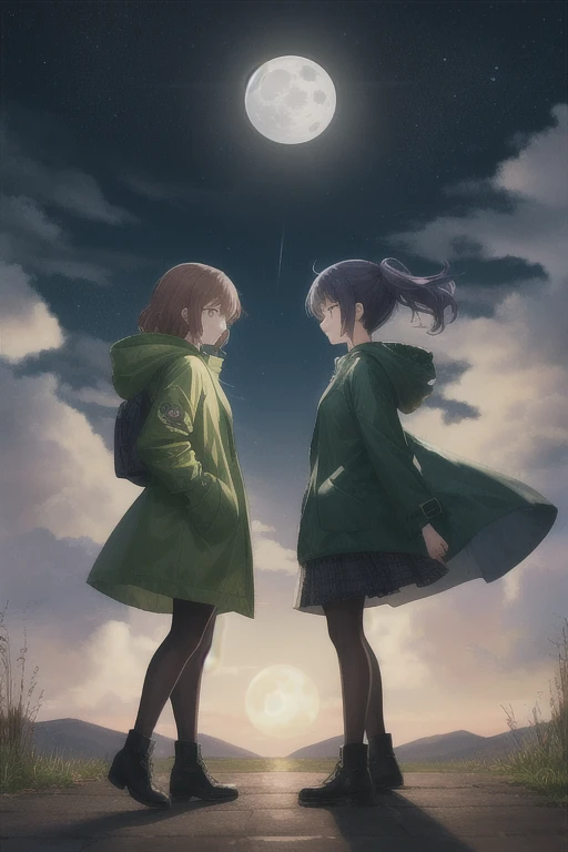 Moon, moonlight, twosexy girls characters, green raincoat, front view,tornado wind