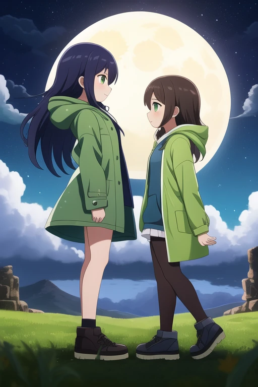 Moon, moonlight, twosexy girls characters, green raincoat, front view,tornado wind