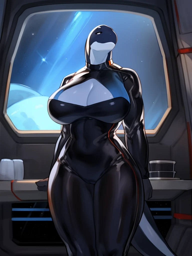 by buta99, by bebebebebe, by chelodoy, solo, female, standing, big breasts, muscular, buff, large, big, massice, biceps, tall, black spacesuit, spaceship, space, window, blue comet, blue lighting, snout, big snout, cameltoe, orca, killer whale, black body, black eyes,