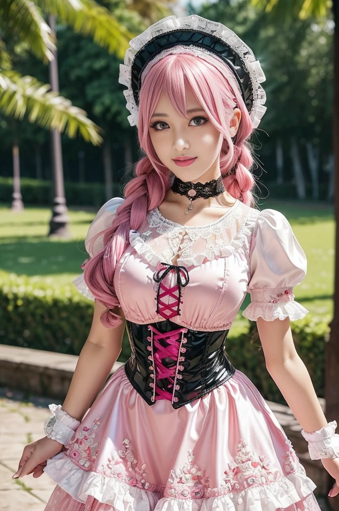 (nsfw), sexy stylish Swedish model, only 1 female, ((doll-like appearance)), long neon pink stylish hair, ((shiny Victorian-Style boots)), beautiful smile, ultra detailed eyes, vivid eye makeup, lipgloss, long lashes, defined eyebrows, ((sexy Paradise Kiss cosplay)), bell-shaped skirt, petticoats, high neckline, puffed sleeves, (( ultra detailed lace)), ((ultra detailed embroidery)), intricate details, Paradise Kiss accessoires and matching headpiece, choker, ((large sparkling Paradise Kiss jewelry)), cinematic light, detailed large park background with trees