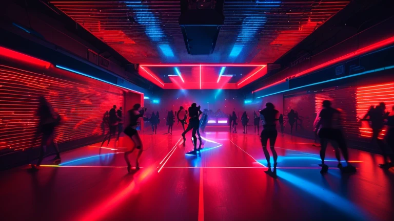 people are walking through a neon-lit room with a basketball court, casas noturnas e neons, red neon lights inside it, Night dance inspired by Ibiza, “house music rave with dancers, Boate Cyberpunk, dance floor, movimento neon, dance club rave, Clube Noturno Sci-Fi, crowd of cool people dancing, artem demura beeple, Lasers and neon circuits