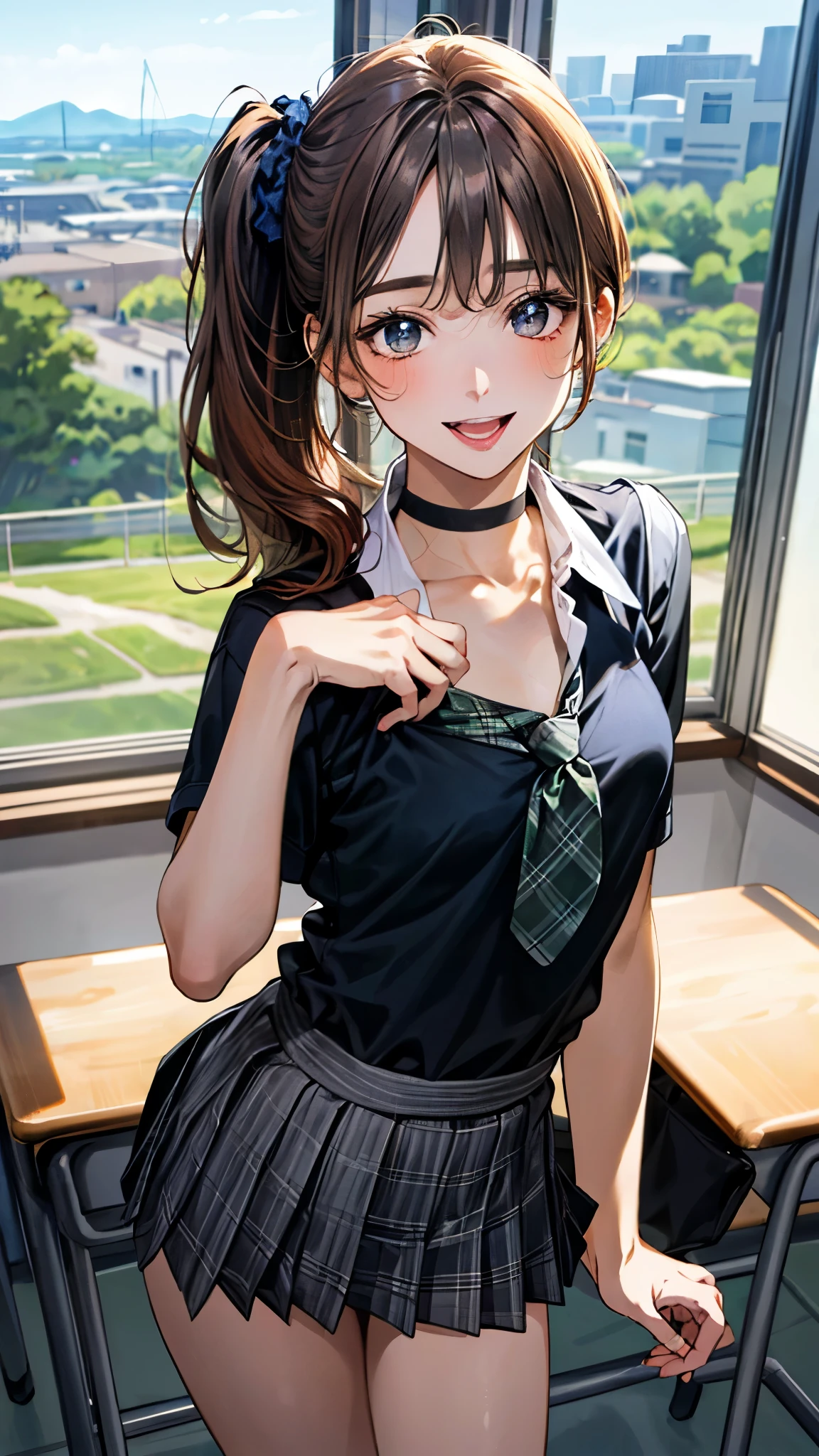 (masterpiece:1.3, top-quality, ultra high res, ultra detailed), (realistic, photorealistic:1.4), beautiful illustration, perfect lighting, natural lighting, colorful, depth of fields, ,
beautiful detailed hair, beautiful detailed face, beautiful detailed eyes, beautiful clavicle, beautiful body, beautiful chest, beautiful thigh, beautiful legs, beautiful fingers, shiny skin,
looking at viewer, 1 girl, high school girl, (perfect anatomy, anatomically correct, super detailed skin), cute and symmetrical face, babyface, perfect face, perfect eyes,
(long hair), break, (side ponytail, straight hair, persimmon orange hair), swept bangs, break, deep blue eyes, long eyelashes, (medium breasts, seductive thighs),
(detailed cloth texture), break, (black collared shirts, grey plaid pleated skirt), black choker, black hair scrunchie, break, deep green tie, wrist chakra, break,
(beautiful scenery), afternoon, (school classroom:1.2), cityscape of windows, (standing), (lovely smile, open mouth small),