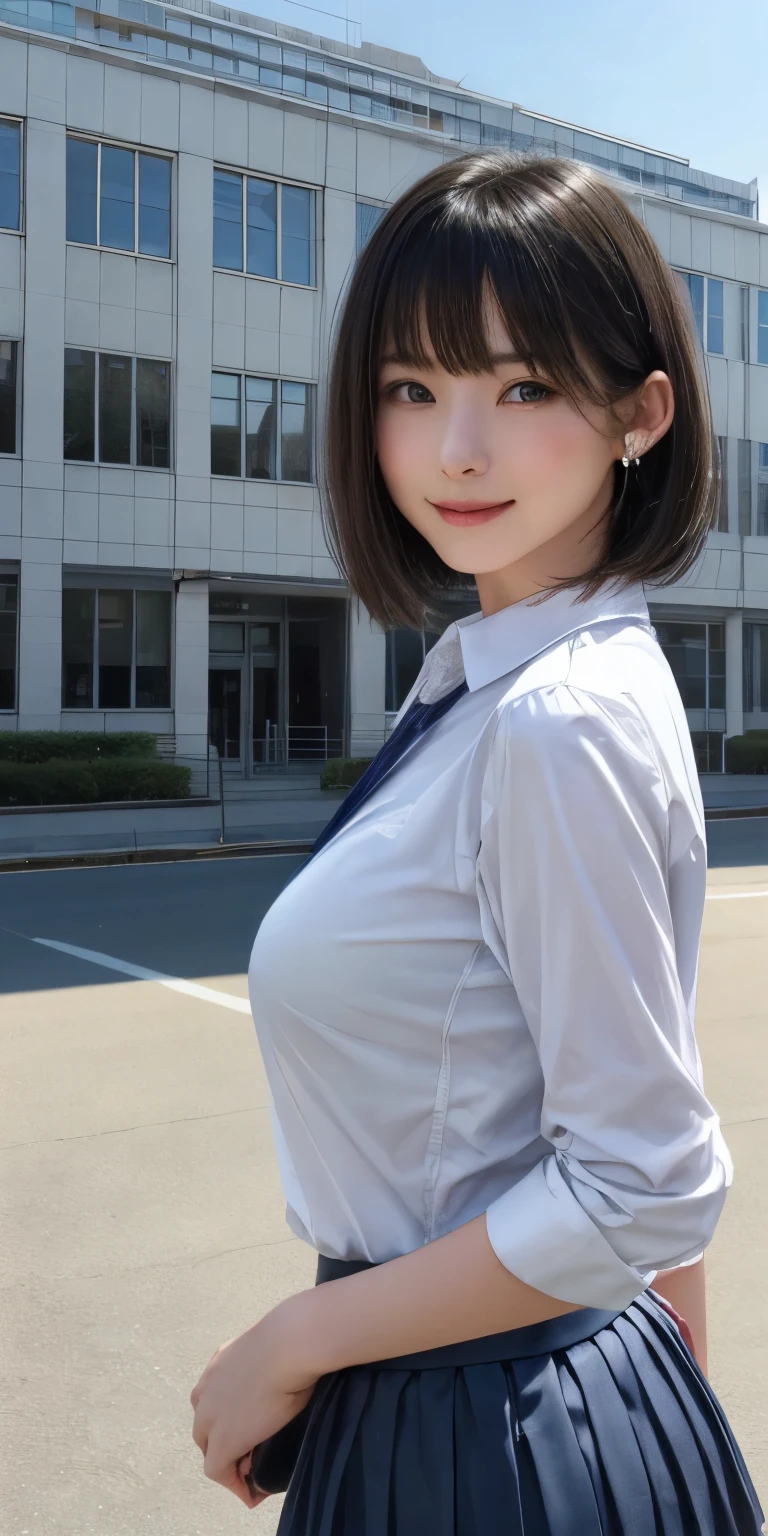 (masterpiece:1.3), (Realistic, RAW Photos, highest quality: 1.4), (One Girl), Beautiful Face, (超Realistic Face、シンメトリーのBeautiful Face), (Short black hair, short hair:1.6、bangs:1.3、Show off your beautiful ears), Beautiful Hairstyles, (Realistic eyes), Beautiful details, Long eyelashes, (Realistic Skin), Beautiful Skin, [Big Breasts:1.3], {Huge|big|Hugeな|Mega} chest, (Perfect body:1.3), (Detailed body:1.2), (tie), (Collared shirt, Pleated skirt:1.3), Absurd, charm, Ultra-high resolution, Ultra-realistic, Very detailed, Golden Ratio,Very cute beautiful woman、28 years old、Beautiful angle from behind、Background in front of the school building、smile、shut up.