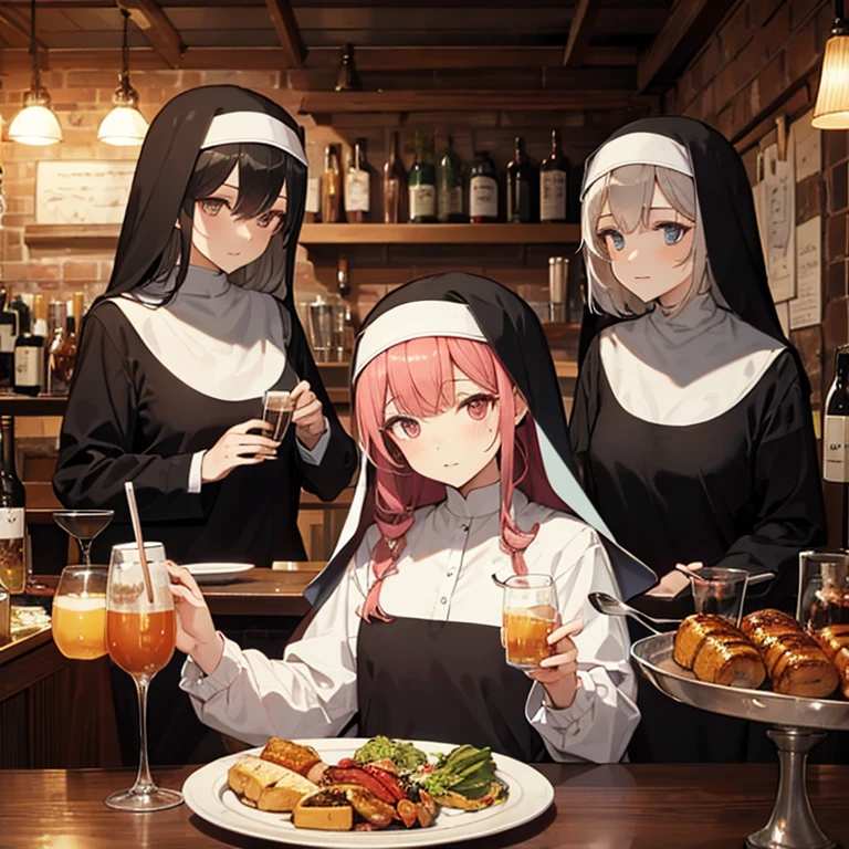 A group of  nuns, (in tavern), various hair styles, harem, night, details face, seducing 