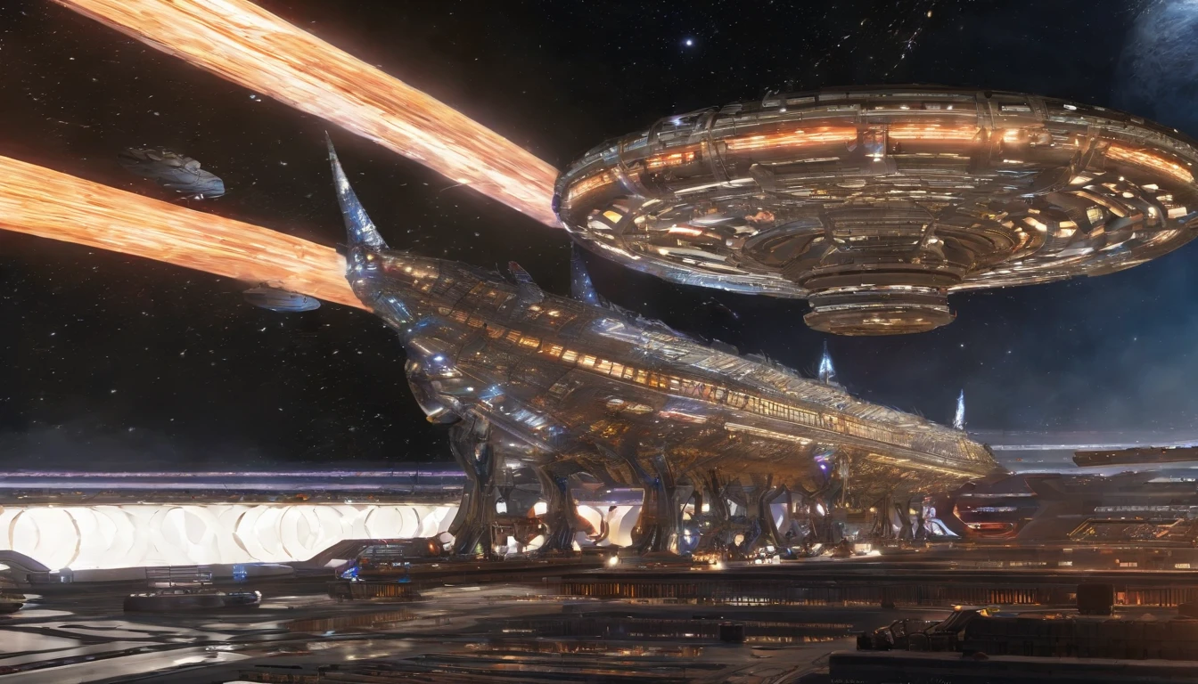 5An avant-garde, awe-inspiring 3D render of a futuristic starship, masterfully blending the imaginative realms of Jules Verne, Cosmicpunk, Gerry and Sylvia Anderson, Larry Niven, and Jules Verne. The spaceship's base design is inspired by 30% of the Babylon 5 station, while its bridge resembles a 75% version of a 1957 Chevy Nomad and a 1980s Mack Truck cab. A breathtaking conceptual art piece showcasing an enormous space station, Deep Space 9 style but in the shape of Babylon 5. In the style of protovision and 3D render, the station is surrounded by six O'Neal Class space stations, arranged in equilateral formation, with one in the center. The space station is as massive as 10 times Saturn and generates its own power, illuminating the surrounding area with vibrant glass and crystal diamond-like structures. It's a world memorizing world into itself. At the zenith, of the structure is the command center, in the shape of a metallic gold wired constructed circular 1974 Winnebago. This cinematic scene, inspired by Walter Matt Jeffries, Arthur C Clarke, & Leonardo Da Vinci, features a massive bustling spaceport with hundreds of starships constantly arriving and departing, while the background showcases a stunning cosmic landscape of stars, a nebula, and a comet. It's in 2 million UHD Resolution. The overall composition is a masterful blend of architecture, portrait photography, and the vision of life in the year 5,000., conceptual art, fashion, cinematic, photo, dark fantasy, 3d render, portrait photography, graffiti, architecture, Vibrant Glass.