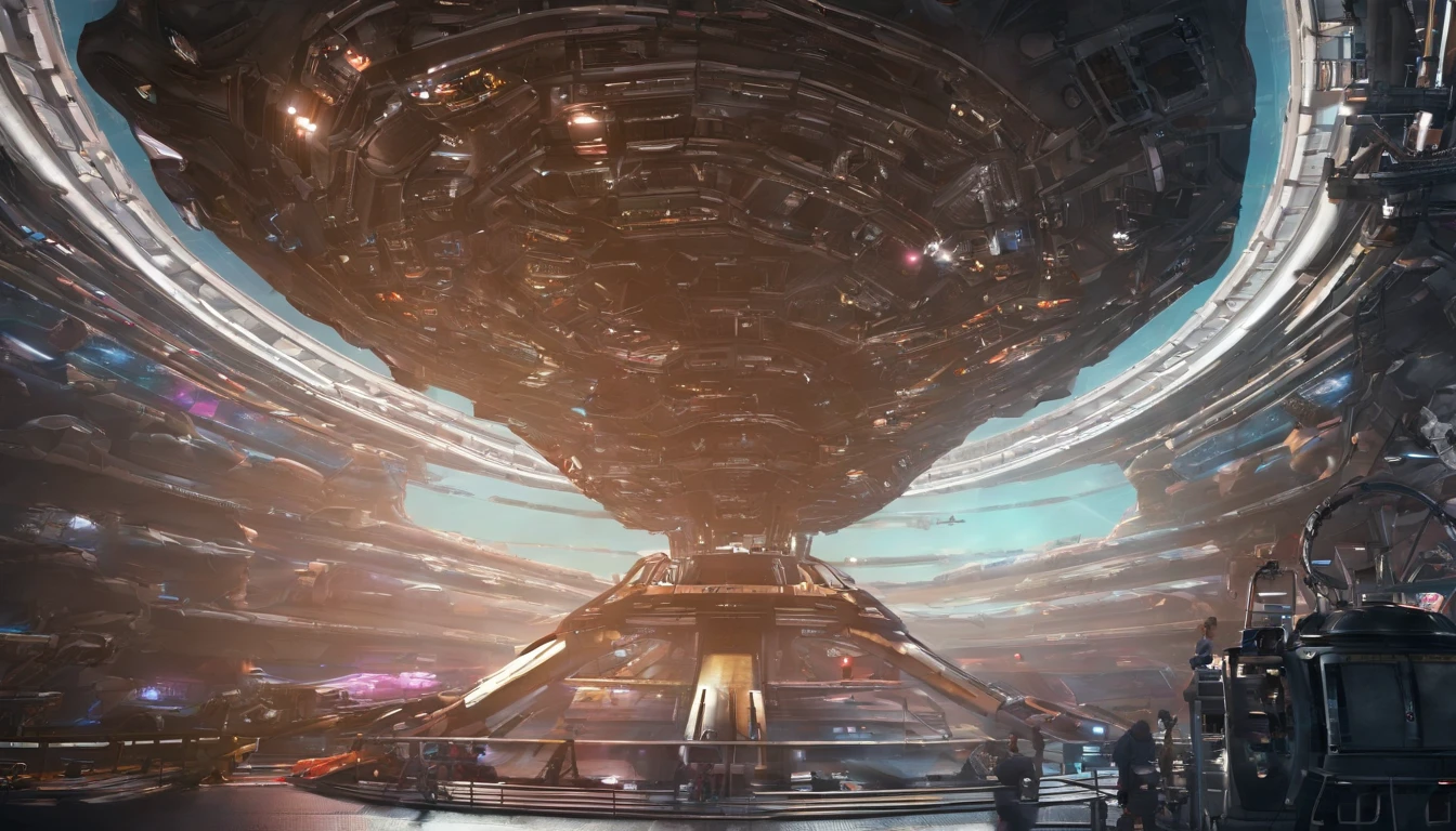 5An avant-garde, awe-inspiring 3D render of a futuristic starship, masterfully blending the imaginative realms of Jules Verne, Cosmicpunk, Gerry and Sylvia Anderson, Larry Niven, and Jules Verne. The spaceship's base design is inspired by 30% of the Babylon 5 station, while its bridge resembles a 75% version of a 1957 Chevy Nomad and a 1980s Mack Truck cab. A breathtaking conceptual art piece showcasing an enormous space station, Deep Space 9 style but in the shape of Babylon 5. In the style of protovision and 3D render, the station is surrounded by six O'Neal Class space stations, arranged in equilateral formation, with one in the center. The space station is as massive as 10 times Saturn and generates its own power, illuminating the surrounding area with vibrant glass and crystal diamond-like structures. It's a world memorizing world into itself. At the zenith, of the structure is the command center, in the shape of a metallic gold wired constructed circular 1974 Winnebago. This cinematic scene, inspired by Walter Matt Jeffries, Arthur C Clarke, & Leonardo Da Vinci, features a massive bustling spaceport with hundreds of starships constantly arriving and departing, while the background showcases a stunning cosmic landscape of stars, a nebula, and a comet. It's in 2 million UHD Resolution. The overall composition is a masterful blend of architecture, portrait photography, and the vision of life in the year 5,000., conceptual art, fashion, cinematic, photo, dark fantasy, 3d render, portrait photography, graffiti, architecture, Vibrant Glass.