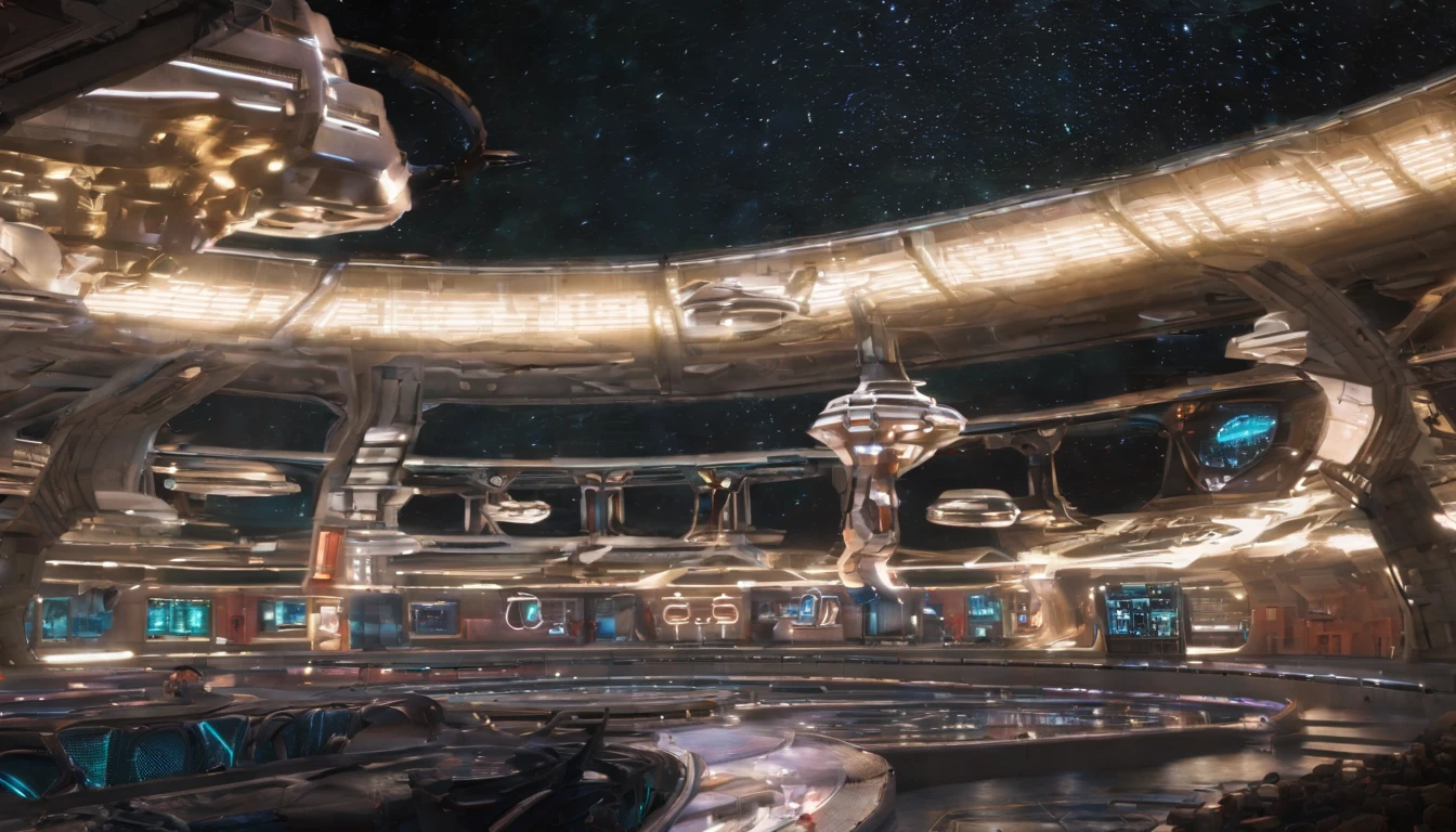 5An avant-garde, awe-inspiring 3D render of a futuristic starship, masterfully blending the imaginative realms of Jules Verne, Cosmicpunk, Gerry and Sylvia Anderson, Larry Niven, and Jules Verne. The spaceship's base design is inspired by 30% of the Babylon 5 station, while its bridge resembles a 75% version of a 1957 Chevy Nomad and a 1980s Mack Truck cab. A breathtaking conceptual art piece showcasing an enormous space station, Deep Space 9 style but in the shape of Babylon 5. In the style of protovision and 3D render, the station is surrounded by six O'Neal Class space stations, arranged in equilateral formation, with one in the center. The space station is as massive as 10 times Saturn and generates its own power, illuminating the surrounding area with vibrant glass and crystal diamond-like structures. It's a world memorizing world into itself. At the zenith, of the structure is the command center, in the shape of a metallic gold wired constructed circular 1974 Winnebago. This cinematic scene, inspired by Walter Matt Jeffries, Arthur C Clarke, & Leonardo Da Vinci, features a massive bustling spaceport with hundreds of starships constantly arriving and departing, while the background showcases a stunning cosmic landscape of stars, a nebula, and a comet. It's in 2 million UHD Resolution. The overall composition is a masterful blend of architecture, portrait photography, and the vision of life in the year 5,000., conceptual art, fashion, cinematic, photo, dark fantasy, 3d render, portrait photography, graffiti, architecture, Vibrant Glass.