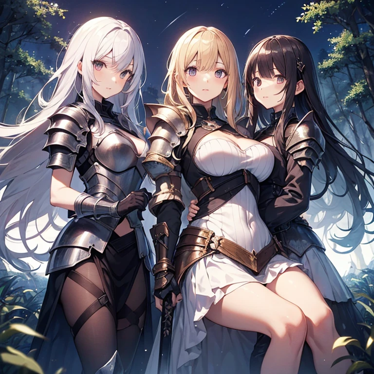 A group of  female knight, (in forest), various hair styles, harem, wearing armored clothes, metal armor, night, details face, , short skirt, seducing, sword 