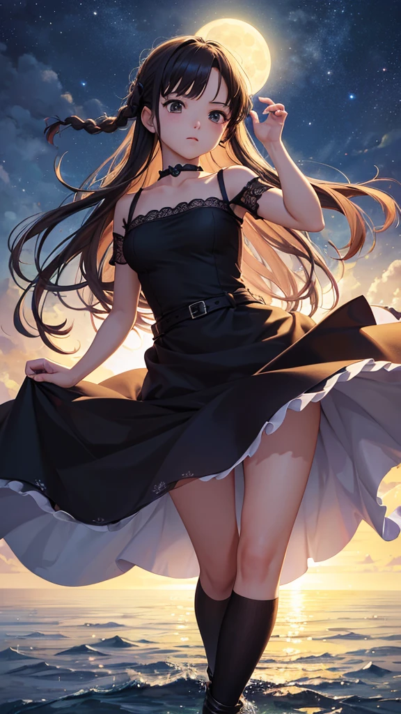 highest quality、masterpiece、girl、medium cut、one piece、whole body、silhouette、Feeling fear、moonlight background、There are few light sources、attract people、
