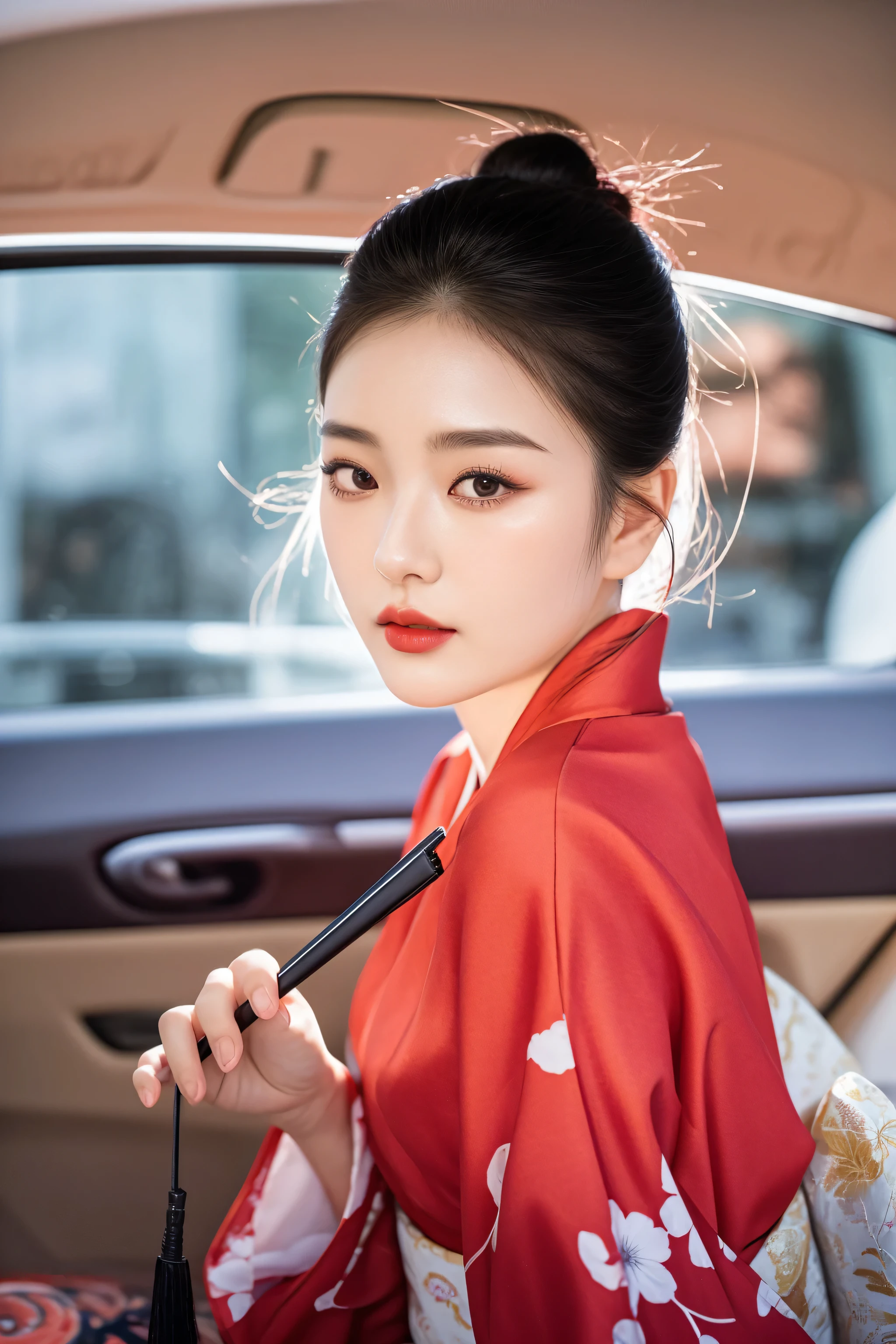 there is a woman in a kimono sitting in a car, wearing a red cheongsam, beautiful south korean woman, korean woman, popular south korean makeup, korean artist, beautiful young korean woman, elegant japanese woman, iu lee ji-eun as a super villain, korean girl, gorgeous young korean woman, gongbi, red kimono, song hye - kyo